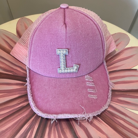Pink Distressed Baseball Cap with Rhinestone L - Picture 1 of 3